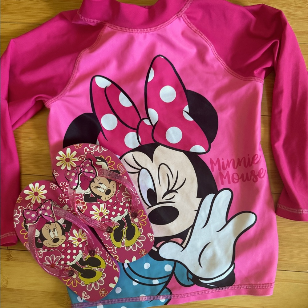 Minnie Mouse Girls Long Sleeve Rash Guard and Flip Flops